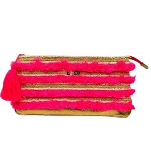Lilly Pulitzer Fiji Fringe Metallic Gold w Pink Fringe & Tassel Clutch Purse